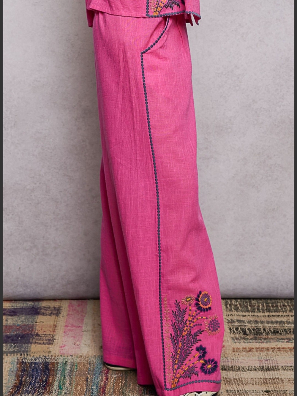 POL Pink Embroidered Button-Front Pants Set - Picture 7 of 8